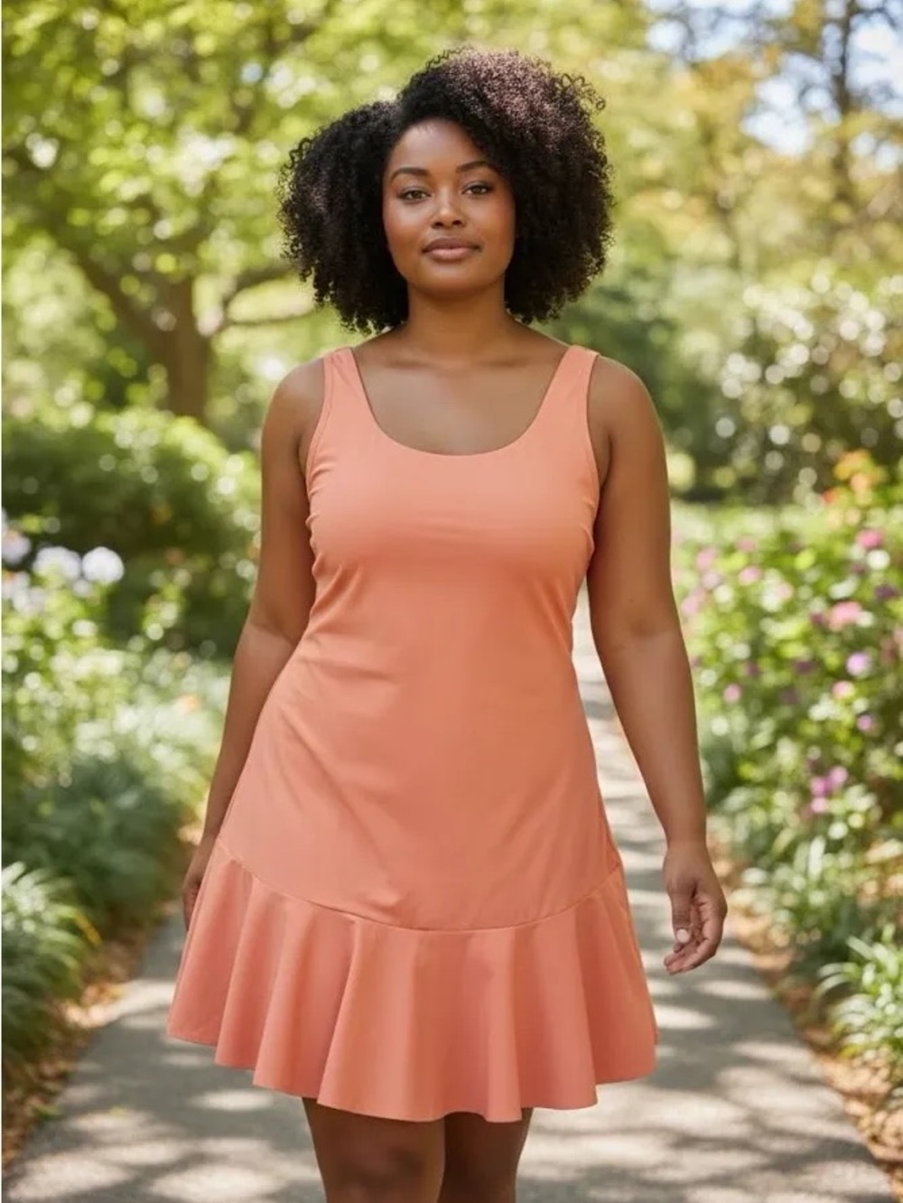 Mono B Active Dress XL in Peach Orange - Sleeveless Ruffle Hem